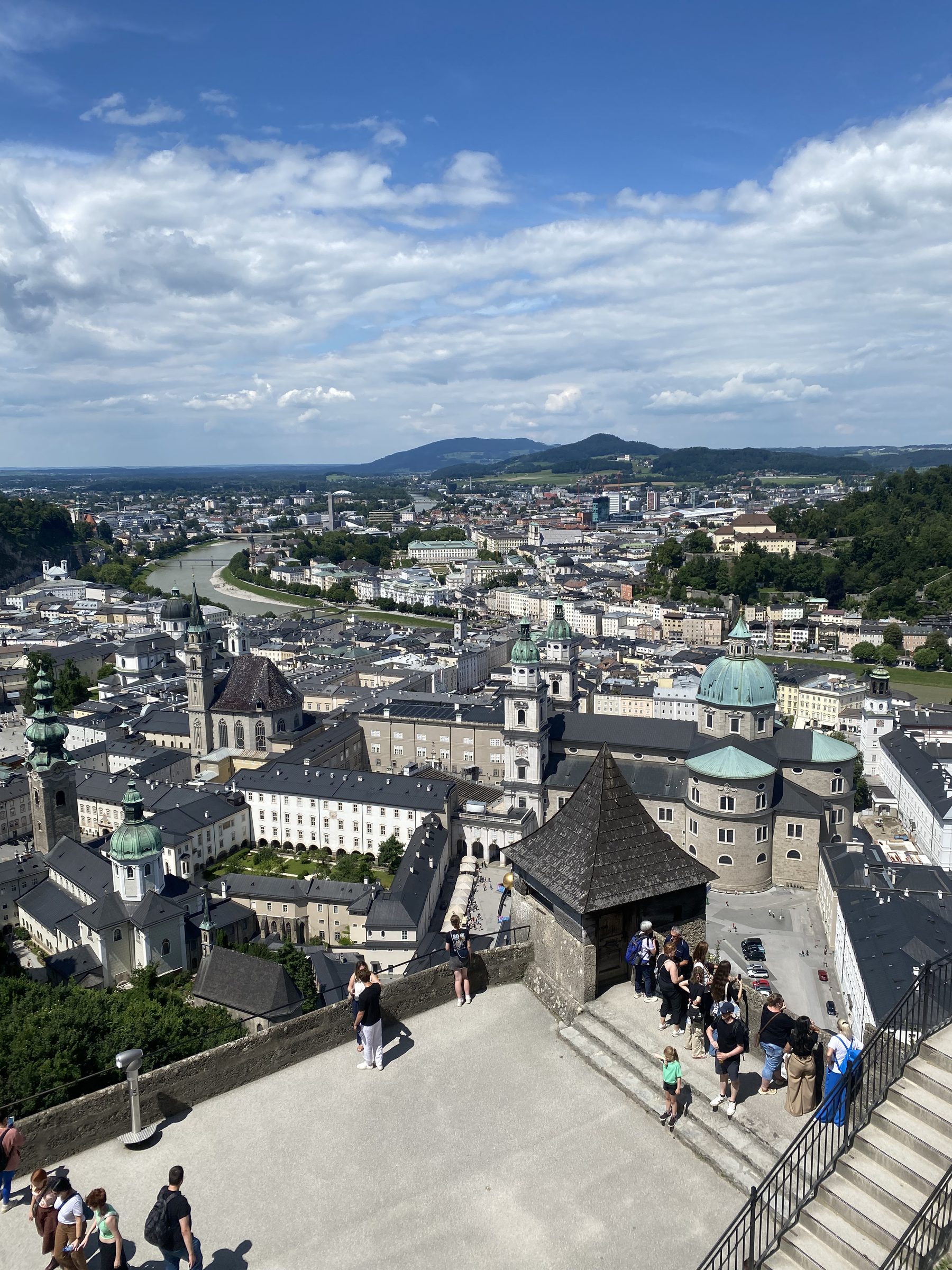 View over Salzburg rooftops and cathedral domes from above