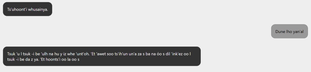 Chat interface showing Dakelh token-based model outputs